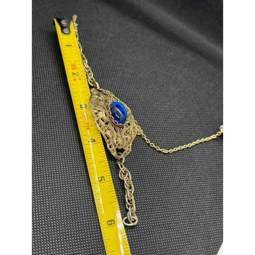 Vintage Blue Cabochon Gold Tone Filigree Slave Bracelet Ring Hand Chain Set